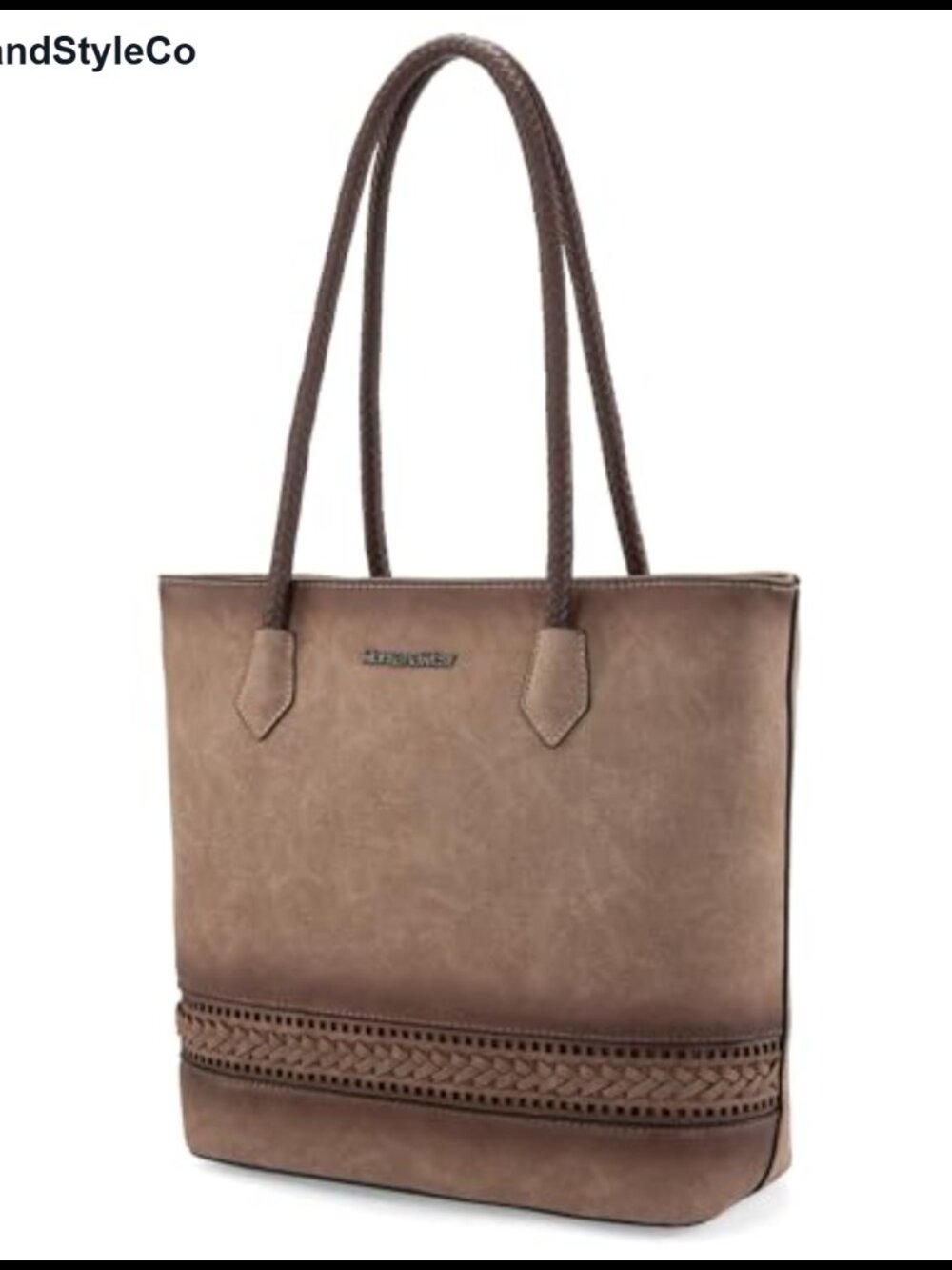 Vegan Leather Woven Tote Bag with Back Zipper Pocket and Top Handles